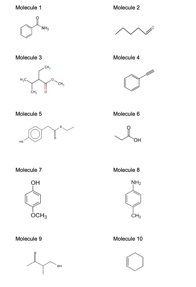 Molecule 1
NH2
Molecule 3
CH
H&C.
CH3
-CH3
Molecule 5
HO
Molecule 2
Molecule 4
Molecule 6
Лон
OH
Molecule 7
Molecule 8
OH
NH2
OCH3
Molecule 9
OH
CH3
Molecule 10