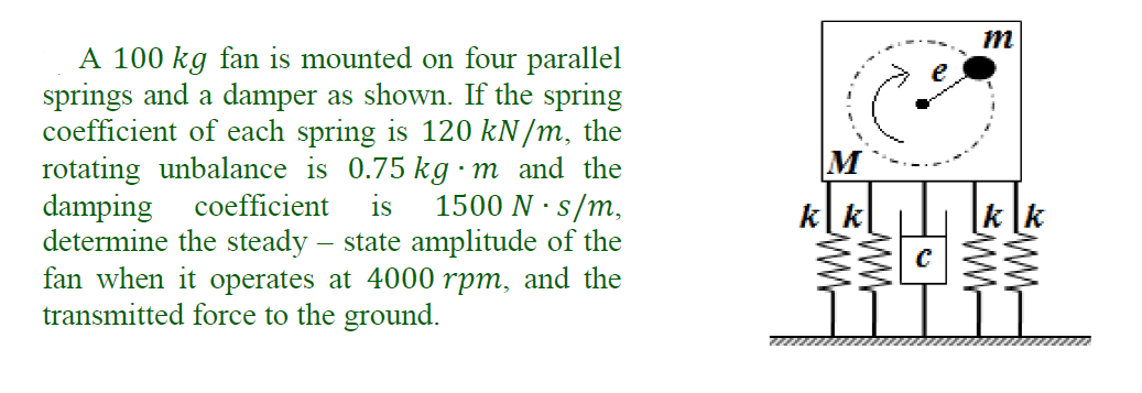 m
A 100 kg fan is mounted on four parallel
springs and a damper as shown. If the spring
coefficient of each spring is 120 kN/m, the
rotating unbalance is 0.75 kg · m and the
damping coefficient
determine the steady – state amplitude of the
fan when it operates at 4000 rpm, and the
transmitted force to the ground.
M
is
1500 N · s/m,
k[k|
WW-
