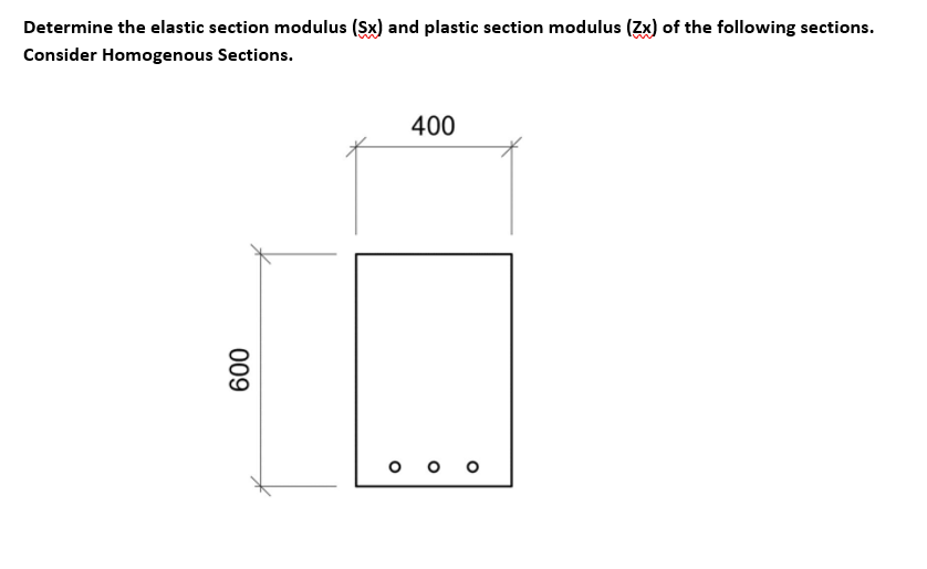 Determine the elastic section modulus (Sx) and plastic section modulus (Zx) of the following sections.
Consider Homogenous Sections.
009
400
ооо