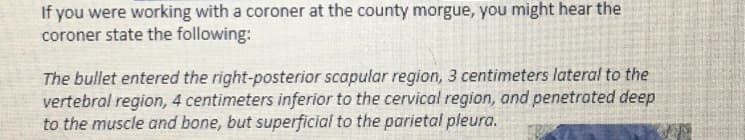 If you were working with a coroner at the county morgue, you might hear the
coroner state the following:
The bullet entered the right-posterior scapular region, 3 centimeters lateral to the
vertebral region, 4 centimeters inferior to the cervical region, and penetrated deep
to the muscle and bone, but superficial to the parietal pleura.