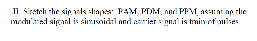 II. Sketch the signals shapes: PAM, PDM, and PPM, assuming the
modulated signal is sinusoidal and carrier signal is train of pulses
