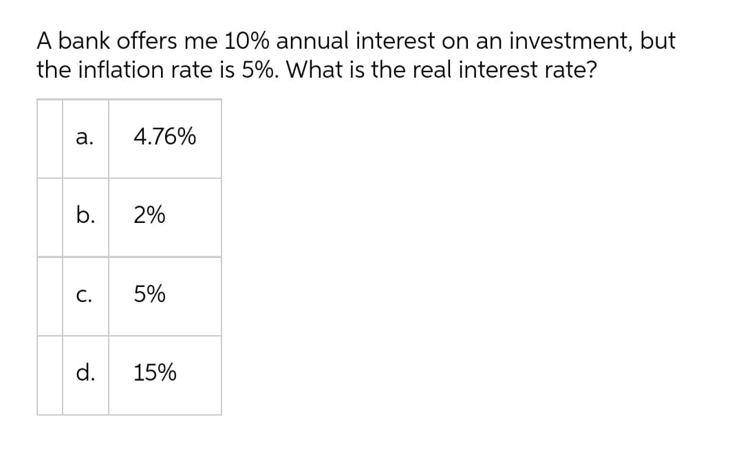 A bank offers me 10% annual interest on an investment, but
the inflation rate is 5%. What is the real interest rate?
а.
4.76%
b.
2%
C.
5%
d.
15%
