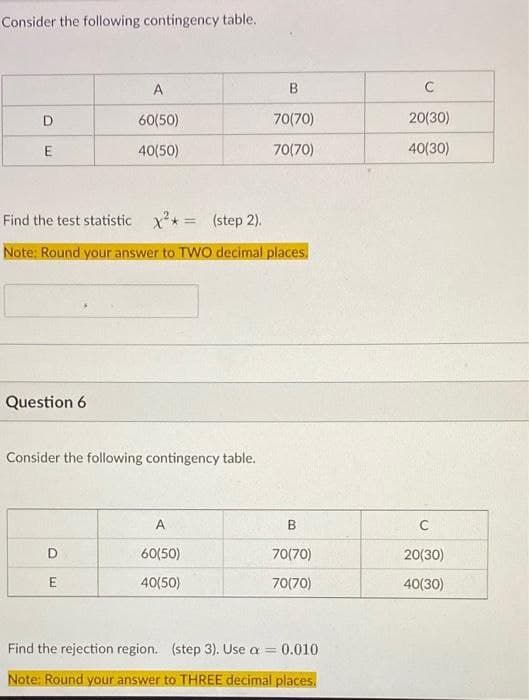 Consider the following contingency table.
D
E
Question 6
A
60(50)
40(50)
Find the test statistic x² * = (step 2).
Note: Round your answer to TWO decimal places.
Consider the following contingency table.
D
E
70(70)
70(70)
A
60(50)
40(50)
B
70(70)
70(70)
Find the rejection region. (step 3). Use a = 0.010
Note: Round your answer to THREE decimal places.
C
20(30)
40(30)
C
20(30)
40(30)