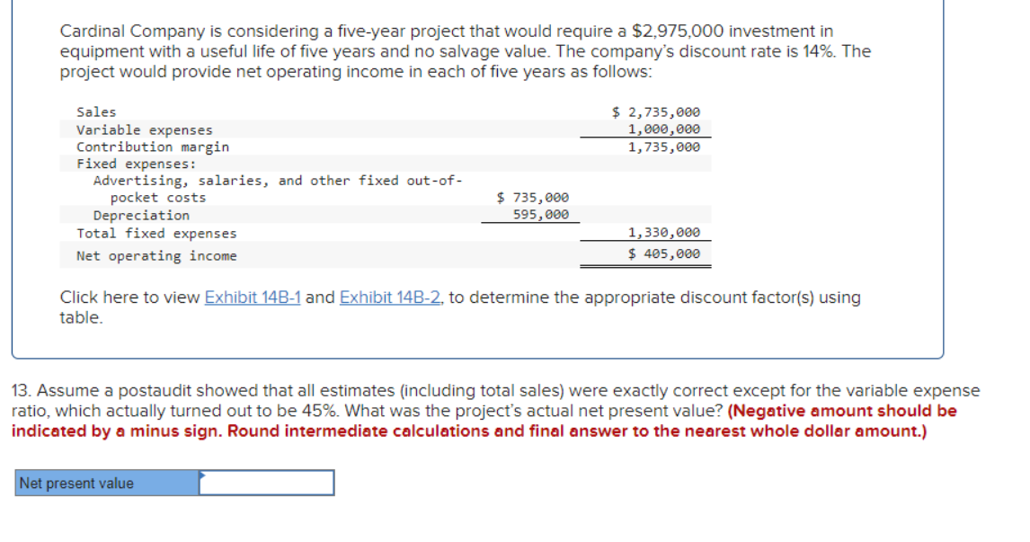 Cardinal Company is considering a five-year project that would require a $2,975,000 investment in
equipment with a useful life of five years and no salvage value. The company's discount rate is 14%. The
project would provide net operating income in each of five years as follows:
Sales
Variable expenses
Contribution margin
Fixed expenses:
Advertising, salaries, and other fixed out-of-
pocket costs
Depreciation
Total fixed expenses
Net operating income
$ 735,000
595,000
$ 2,735,000
1,000,000
1,735,000
Net present value
1,330,000
$ 405,000
Click here to view Exhibit 14B-1 and Exhibit 14B-2, to determine the appropriate discount factor(s) using
table.
13. Assume a postaudit showed that all estimates (including total sales) were exactly correct except for the variable expense
ratio, which actually turned out to be 45%. What was the project's actual net present value? (Negative amount should be
indicated by a minus sign. Round intermediate calculations and final answer to the nearest whole dollar amount.)