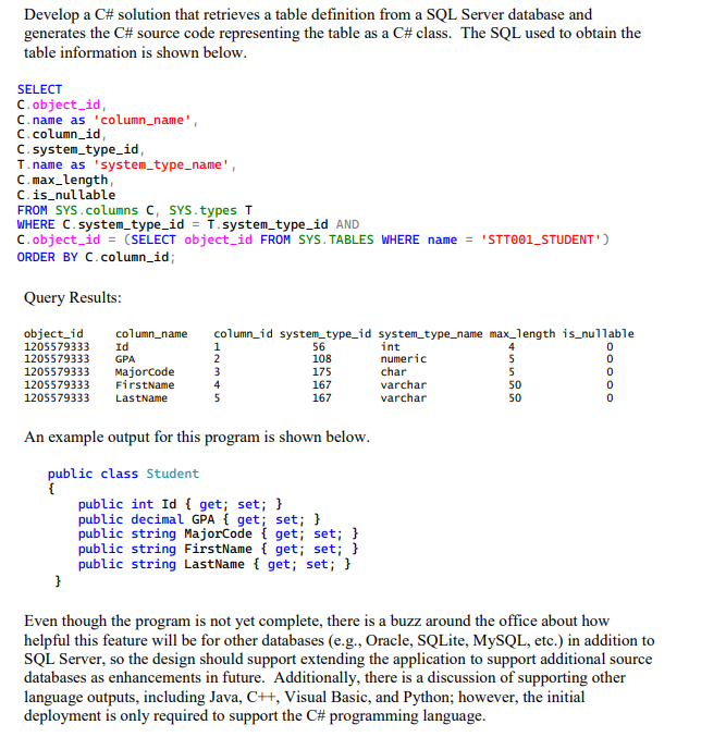 Develop a C# solution that retrieves a table definition from a SQL Server database and
generates the C# source code representing the table as a C# class. The SQL used to obtain the
table information is shown below.
SELECT
C.object_id,
C.name as 'column_name',
C.column_id,
C.system_type_id,
T.name as 'system_type_name',
C.max_length,
C.is_nullable
FROM SYS.columns C, SYS. types T
WHERE C.system_type_id = T.system_type_id AND
C.object_id = (SELECT object_id FROM SYS. TABLES WHERE name = 'STT001_STUDENT')
ORDER BY C. column_id;
Query Results:
object_id column_name column_id system_type_id system_type_name max_length is_nullable
1205579333 Id
56
1205579333 GPA
108
175
167
167
1205579333 MajorCode
1205579333 FirstName
1205579333
LastName
1
}
2
3
4
5
An example output for this program is shown below.
public class Student
{
public int Id { get; set; }
public decimal GPA { get; set; }
public string MajorCode { get; set; }
public string FirstName { get; set; }
public string LastName { get; set; }
int
numeric
char
varchar
varchar
4
5
5
50
50
dooooo
0
Even though the program is not yet complete, there is a buzz around the office about how
helpful this feature will be for other databases (e.g., Oracle, SQLite, MySQL, etc.) in addition to
SQL Server, so the design should support extending the application to support additional source
databases as enhancements in future. Additionally, there is a discussion of supporting other
language outputs, including Java, C++, Visual Basic, and Python; however, the initial
deployment is only required to support the C# programming language.