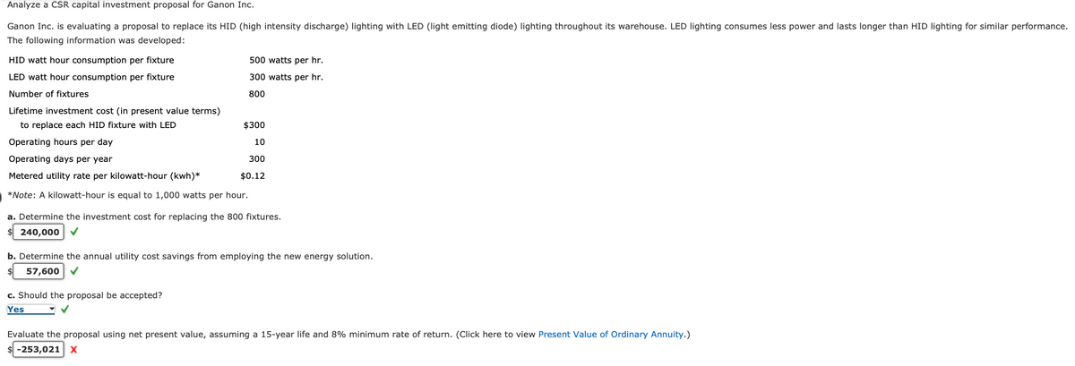 Analyze a CSR capital investment proposal for Ganon Inc.
Ganon Inc. is evaluating a proposal to replace its HID (high intensity discharge) lighting with LED (light emitting diode) lighting throughout its warehouse. LED lighting consumes less power and lasts longer than HID lighting for similar performance.
The following information was developed:
HID watt hour consumption per fixture
LED watt hour consumption per fixture
Number of fixtures
Lifetime investment cost (in present value terms)
to replace each HID fixture with LED
500 watts per hr.
300 watts per hr.
800
$300
10
300
$0.12
Operating hours per day
Operating days per year
Metered utility rate per kilowatt-hour (kWh)*
*Note: A kilowatt-hour is equal to 1,000 watts per hour.
a. Determine the investment cost for replacing the 800 fixtures.
240,000 ✓
c. Should the proposal be accepted?
Yes
b. Determine the annual utility cost savings from employing the new energy solution.
$ 57,600 ✓
Evaluate the proposal using net present value, assuming a 15-year life and 8% minimum rate of return. (Click here to view Present Value of Ordinary Annuity.)
$-253,021 X