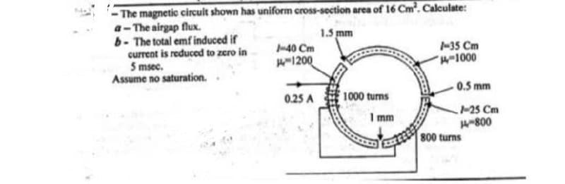 -The magnetic circuit shown has uniform cross-section area of 16 Cm². Calculate:
a-The airgap flux.
1.5 mm
b- The total emf induced if
current is reduced to zero in
5 msec.
Assume no saturation.
-40 Cm
1200
0.25 A
1000 turns
1 mm
1-35 Cm
-1000
0.5 mm
1-25 Cm
14-800
800 turns