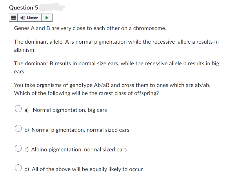 Question 5
Listen
Genes A and B are very close to each other on a chromosome.
The dominant allele A is normal pigmentation while the recessive allele a results in
albinism
The dominant B results in normal size ears, while the recessive allele b results in big
ears.
You take organisms of genotype Ab/aB and cross them to ones which are ab/ab.
Which of the following will be the rarest class of offspring?
a) Normal pigmentation, big ears
b) Normal pigmentation, normal sized ears
c) Albino pigmentation, normal sized ears
d) All of the above will be equally likely to occur