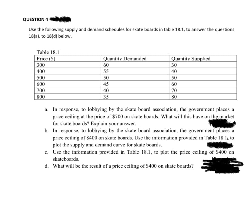 QUESTION 4
Use the following supply and demand schedules for skate boards in table 18.1, to answer the questions
18(a). to 18(d) below.
Table 18.1
Price ($)
300
Quantity Demanded
Quantity Supplied
60
30
400
55
40
500
50
50
600
45
60
700
40
70
800
35
80
a. In response, to lobbying by the skate board association, the government places a
price ceiling at the price of $700 on skate boards. What will this have on the market
for skate boards? Explain your answer.
b. In response, to lobbying by the skate board association, the government places a
price ceiling of $400 on skate boards. Use the information provided in Table 18.1, to
plot the supply and demand curve for skate boards.
c. Use the information provided in Table 18.1, to plot the price ceiling of $400 on
skateboards.
d. What will be the result of a price ceiling of $400 on skate boards?
