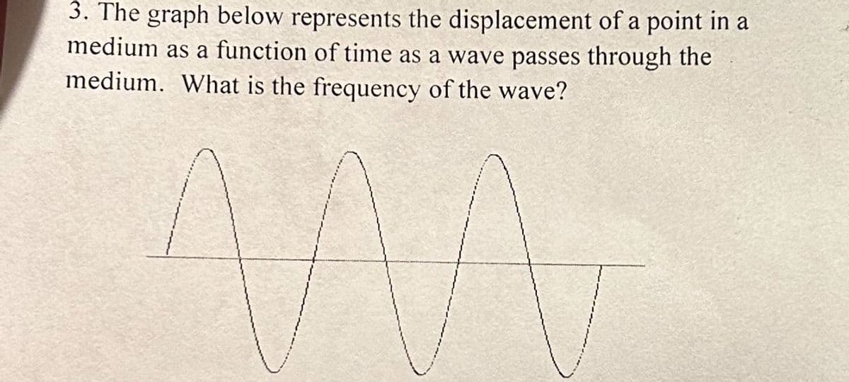 3. The graph below represents the displacement of a point in a
medium as a function of time as a wave passes through the
medium. What is the frequency of the wave?
