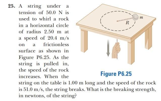 a
25. A string under
tension of 50.0 N is
used to whirl a rock
in a horizontal circle
of radius 2.50 m at
a speed of 20.4 m/s
a frictionless
on
surface as shown in
Figure P6.25. As the
string is pulled in,
the speed of the rock
increases. When the
m
R
7
Figure P6.25
string on the table is 1.00 m long and the speed of the rock
is 51.0 m/s, the string breaks. What is the breaking strength,
in newtons, of the string?