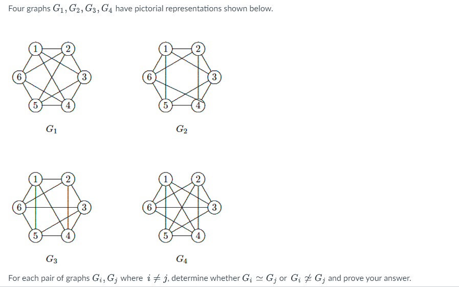 Four graphs G₁, G2, G3, G4 have pictorial representations shown below.
6
5
5
G₁
2
4
3
3
6
6
5
5
G₂
3
3
G3
G4
For each pair of graphs G₁, G; where i ‡j, determine whether G;G; or G;G; and prove your answer.