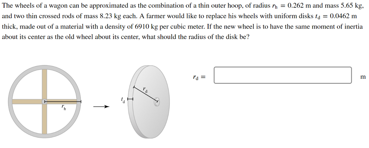 The wheels of a wagon can be approximated as the combination of a thin outer hoop, of radius r = 0.262 m and mass 5.65 kg,
and two thin crossed rods of mass 8.23 kg each. A farmer would like to replace his wheels with uniform disks ta = 0.0462 m
thick, made out of a material with a density of 6910 kg per cubic meter. If the new wheel is to have the same moment of inertia
about its center as the old wheel about its center, what should the radius of the disk be?
rd =
m