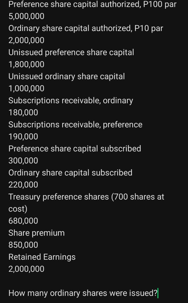 Preference share capital authorized, P100 par
5,000,000
Ordinary share capital authorized, P10 par
2,000,000
Unissued preference share capital
1,800,000
Unissued ordinary share capital
1,000,000
Subscriptions receivable, ordinary
180,000
Subscriptions receivable, preference
190,000
Preference share capital subscribed
300,000
Ordinary share capital subscribed
220,000
Treasury preference shares (700 shares at
cost)
680,000
Share premium
850,000
Retained Earnings
2,000,000
How many ordinary shares were issued?