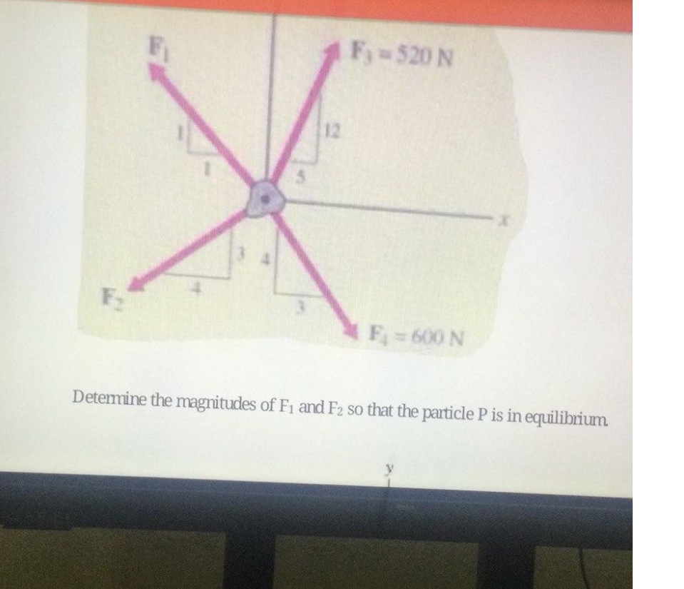 F,- 520 N
12
F2
F = 600 N
Detemine the magnitudes of F1 and F2 so that the particle P is in equilibrium
