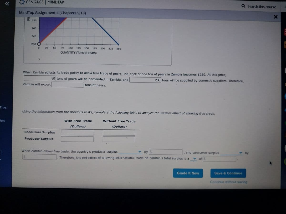 «
Tips
ips
CENGAGE MINDTAP
MindTap Assignment 4 (Chapters 9,13)
告
275
260
245
230
0 25 50 75 100 125 150 175 200
QUANTITY (Tons of pears)
225 250
Q Search this course
X
When Zambia adjusts its trade policy to allow free trade of pears, the price of one ton of pears in Zambia becomes $350. At this price,
50 tons of pears will be demanded in Zambia, and
200 tons will be supplied by domestic suppliers. Therefore,
Zambia will export
tons of pears.
Using the information from the previous tasks, complete the following table to analyze the welfare effect of allowing free trade.
Consumer Surplus
Producer Surplus
With Free Trade
(Dollars)
Without Free Trade
(Dollars)
When Zambia allows free trade, the country's producer surplus
by $
and consumer surplus
by
$
Therefore, the net effect of allowing international trade on Zambia's total surplus is a
of $
Grade It Now
Save & Continue
Continue without saving