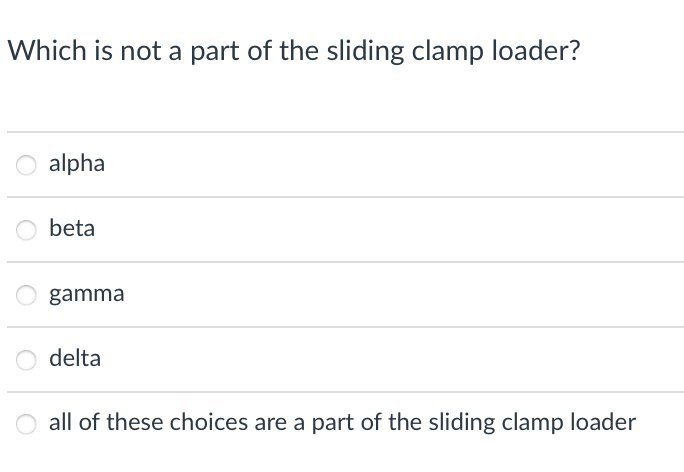 Which is not a part of the sliding clamp loader?
alpha
beta
gamma
delta
all of these choices are a part of the sliding clamp loader
