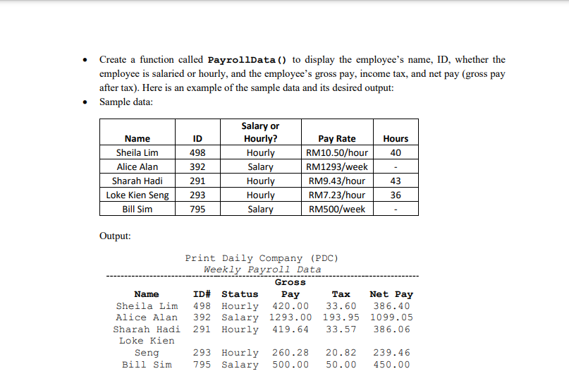 Create a function called PayrollData () to display the employee's name, ID, whether the
employee is salaried or hourly, and the employee's gross pay, income tax, and net pay (gross pay
after tax). Here is an example of the sample data and its desired output:
• Sample data:
Salary or
Hourly?
Hourly
Salary
Pay Rate
RM10.50/hour
Name
ID
Hours
Sheila Lim
498
40
RM1293/week
RM9.43/hour
Alice Alan
392
Sharah Hadi
291
Hourly
Hourly
Salary
43
Loke Kien Seng
RM7.23/hour
RM500/week
293
36
Bill Sim
795
Output:
Print Daily Company (PDC)
Weekly Payroll Data
Gross
ID# Status
Net Pay
Pay
420.00
Name
Тах
498 Hourly
392 Salary 1293.00
291 Hourly
Sheila Lim
33.60
386.40
Alice Alan
193.95 1099.05
Sharah Hadi
419.64
33.57
386.06
Loke Kien
293 Hourly
795 Salary
Seng
260.28
20.82
239.46
Bill Sim
500.00
50.00
450.00
