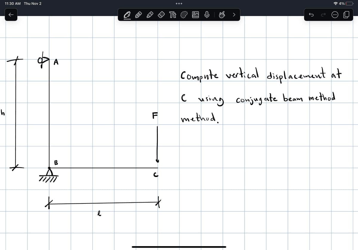 h
11:30 AM Thu Nov 2
$1
क
A
B
t
e
F
C
t
●●●
Tt C
My >
C
...
Compute vertical displacement at
using conjugate beam method
method.
4%