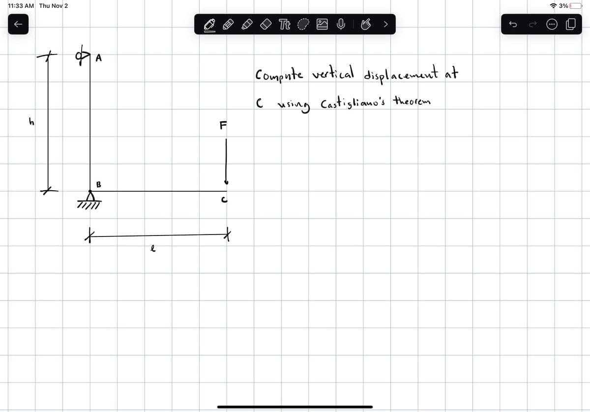 11:33 AM Thu Nov 2
h
+
A
B
TATT
*
l
ED
F
t
Tt O
0
V
Compute vertical displacement at
с
C using Castigliano's theorem
...
3%