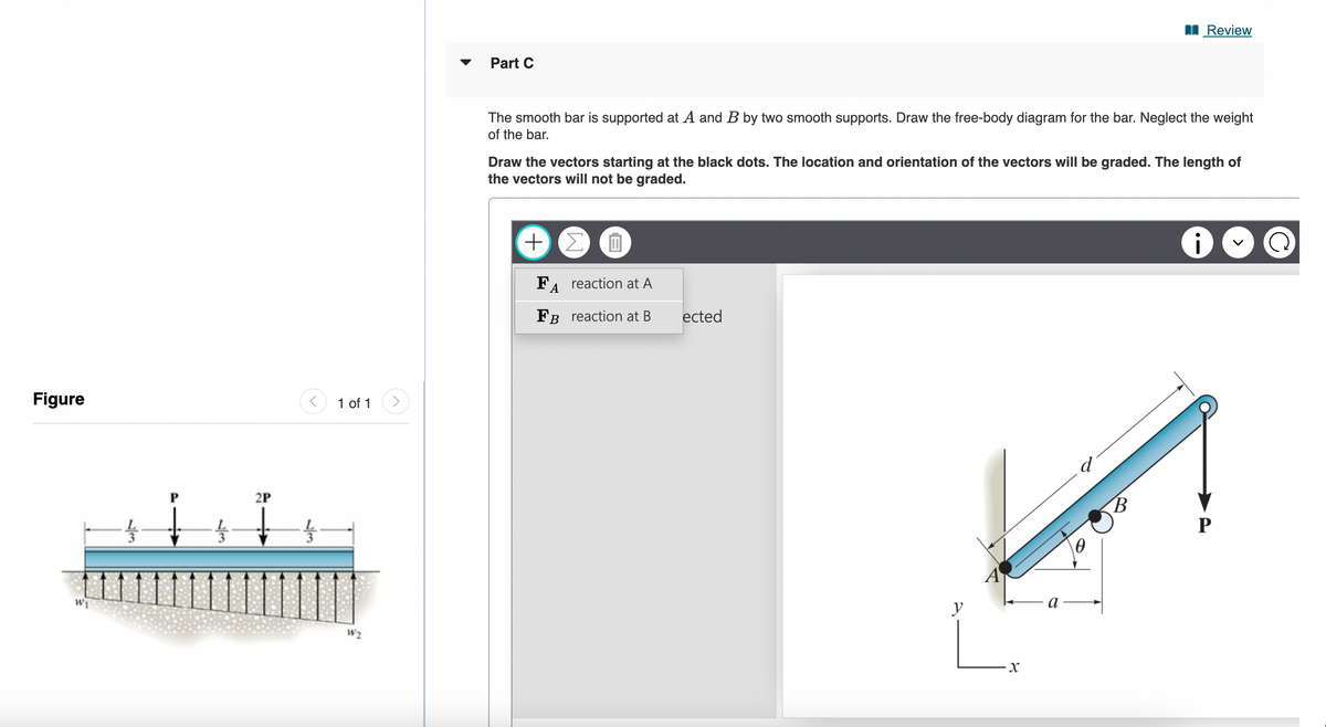 Figure
WI
P
2P
↓↓
1 of 1
W2
Part C
The smooth bar is supported at A and B by two smooth supports. Draw the free-body diagram for the bar. Neglect the weight
of the bar.
Draw the vectors starting at the black dots. The location and orientation of the vectors will be graded. The length of
the vectors will not be graded.
+
1
FA
reaction at A
FB reaction at B
ected
y
L
X
a
Review
B
i
P