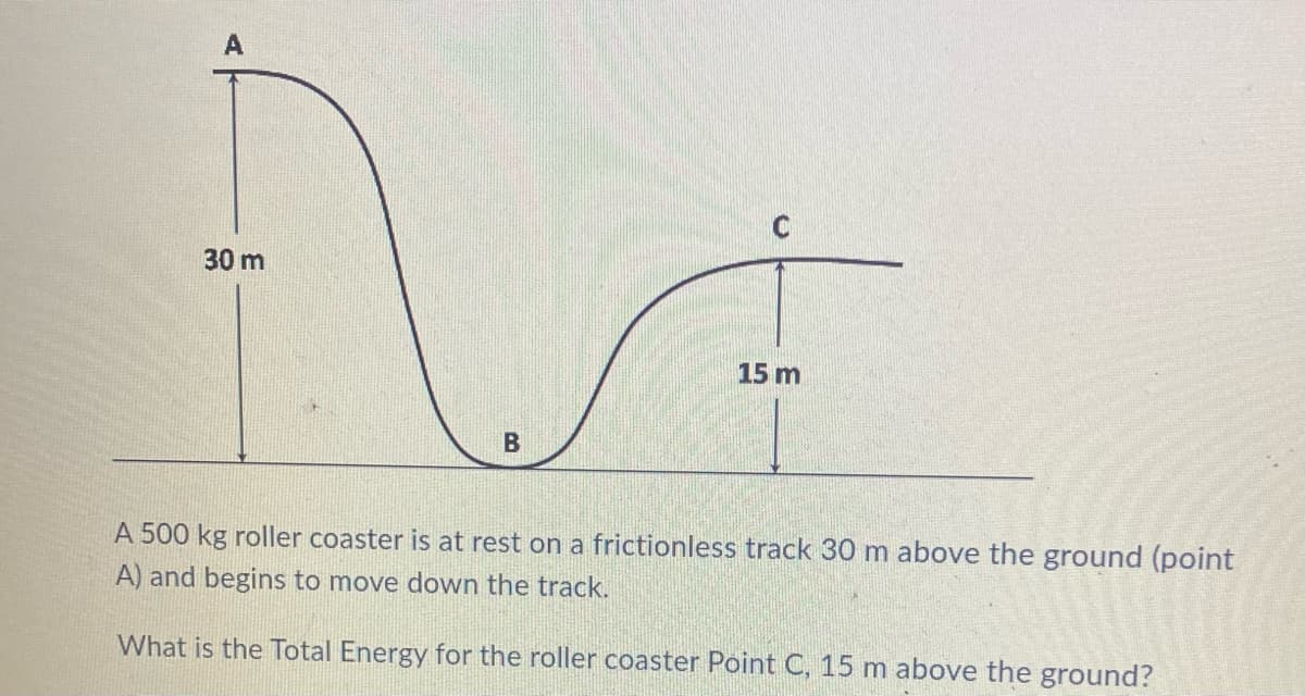 30 m
B
15 m
A 500 kg roller coaster is at rest on a frictionless track 30 m above the ground (point
A) and begins to move down the track.
What is the Total Energy for the roller coaster Point C, 15 m above the ground?