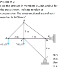 PROBLEM 2:
Find the stresses in members BC, BD, and CF for
the truss shown. Indicate tension or
compression. The cross-sectional area of each
member is 7400 mm²
B
3 m
3 m
4 m
D
40 kN
70 kN
4 m
PROB
The
diam
to a
