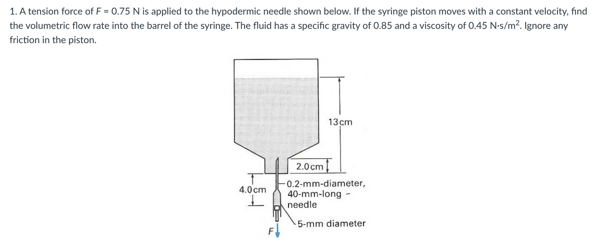 1. A tension force of F = 0.75 N is applied to the hypodermic needle shown below. If the syringe piston moves with a constant velocity, find
the volumetric flow rate into the barrel of the syringe. The fluid has a specific gravity of 0.85 and a viscosity of 0.45 N·s/m². Ignore any
friction in the piston.
T
4.0 cm
13cm
2.0 cm
0.2-mm-diameter,
40-mm-long -
needle
5-mm diameter