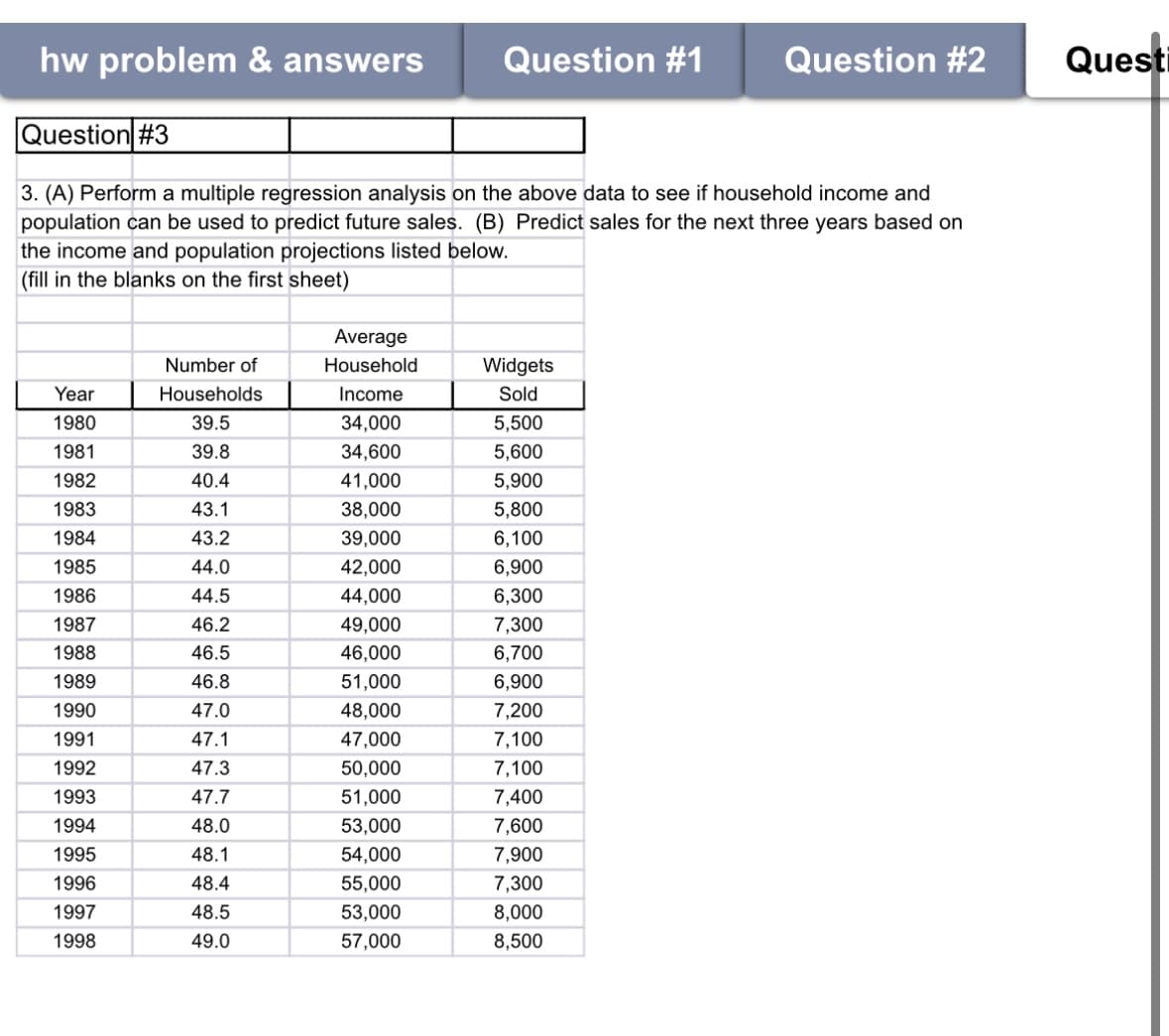 hw problem & answers
Question #1
Question #2
Quest
Question #3
3. (A) Perform a multiple regression analysis on the above data to see if household income and
population can be used to predict future sales. (B) Predict sales for the next three years based on
the income and population projections listed below.
(fill in the blanks on the first sheet)
Average
Number of
Household
Widgets
Year
Households
Income
Sold
1980
39.5
34,000
5,500
1981
39.8
34,600
5,600
1982
40.4
41,000
5,900
1983
43.1
38,000
5,800
1984
43.2
39,000
6,100
1985
44.0
42,000
6,900
1986
44.5
44,000
6,300
1987
46.2
49,000
7,300
1988
46.5
46,000
6,700
1989
46.8
51,000
6,900
1990
47.0
48,000
7,200
1991
47.1
47,000
7,100
1992
47.3
50,000
7,100
1993
47.7
51,000
7,400
1994
48.0
53,000
7,600
1995
48.1
54,000
7,900
1996
48.4
55,000
7,300
1997
48.5
53,000
8,000
1998
49.0
57,000
8,500