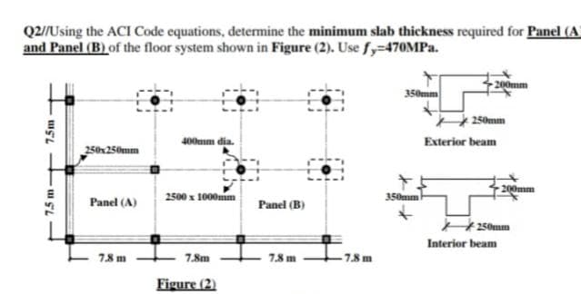Q2/Using the ACI Code equations, determine the minimum slab thickness required for Panel (A
and Panel (B) of the floor system shown in Figure (2). Use fy-470MPA.
200mm
350mm
e 250mm
400mm dia.
Exterior beam
250x250mm
200mm
2500 x 1000mm
350mm
Panel (A)
Panel (B)
50mm
Interior beam
78 m
7.8m
78 m
78m
Figure (2)
7.5 m-
