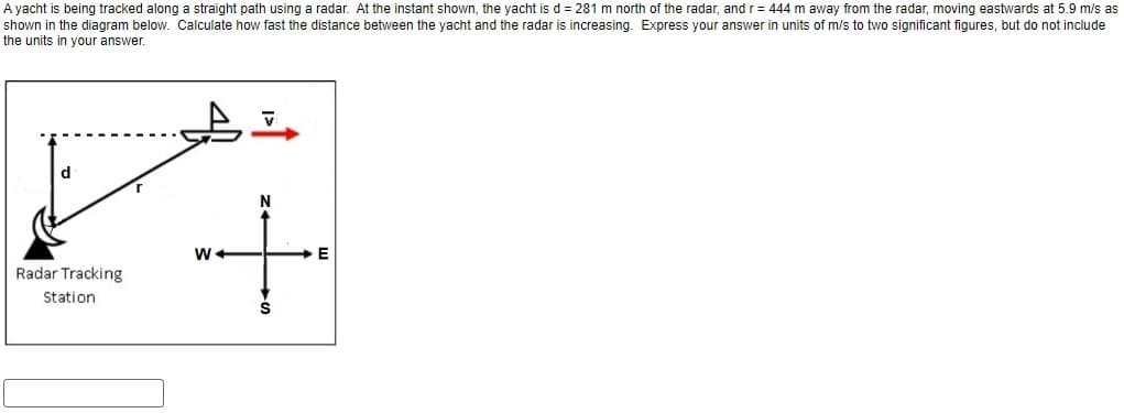 Ayacht is being tracked along a straight path using a radar. At the instant shown, the yacht is d = 281m north of the radar, and=444 m away from the radar, moving eastwards at 5.9m/s as
shown in the diagram below. Calculate how fast the distance between the yacht and the radar is increasing. Express your answer in units of m/s to two significant figures, but do not include
the units in your answer.
Radar Tracking
Station
W
N
E