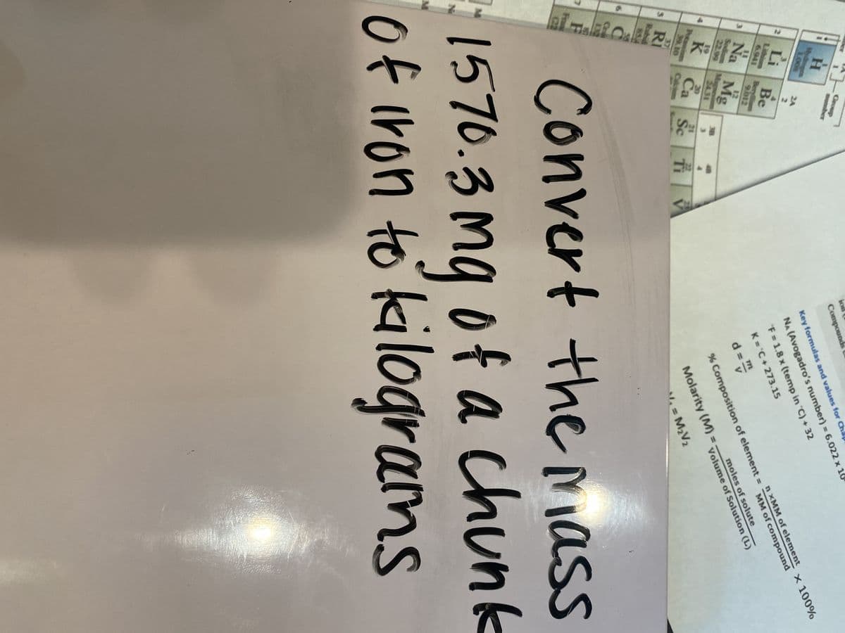 7
4
M
Н
Li
2
K
Pucans
RI
Rubid
[11
2A
2
12
Na Mg
Mag
Be
Beryllis
24.31
30
Ca
38
21
Sc
Key formulas and values for Ch
NA (Avogadro's number) = 6.022 x 1
F = 1.8 x (temp in "C) + 32
K="C + 273.15
d ==
Compounds
% Composition of element =
n XMM of element
MM of compound
moles of solute
Volume of Solution (L)
Molarity (M)
V₁ = M₂V₂
=
x 100%
Convert
the mass
1570.3 mg of a chunk
of iron to kilograms