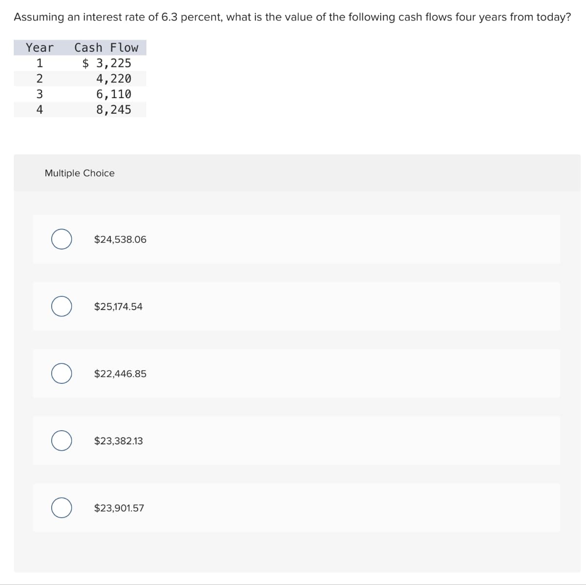 Assuming an interest rate of 6.3 percent, what is the value of the following cash flows four years from today?
Year Cash Flow
1
$ 3,225
4,220
6,110
8,245
234
3
4
Multiple Choice
O
$24,538.06
$25,174.54
$22,446.85
$23,382.13
$23,901.57