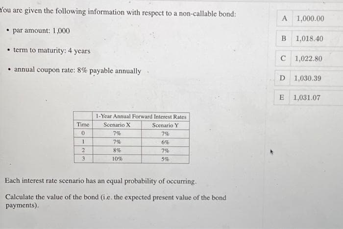 You are given the following information with respect to a non-callable bond:
par amount: 1,000
• term to maturity: 4 years
annual coupon rate: 8% payable annually.
Time
0
1
2
3
1-Year Annual Forward Interest Rates
Scenario X
Scenario Y
7%
7%
8%
10%
7%
6%
7%
5%
Each interest rate scenario has an equal probability of occurring.
Calculate the value of the bond (i.e. the expected present value of the bond
payments).
A 1,000.00
B 1,018.40
C 1,022.80
D 1,030.39
E 1,031.07