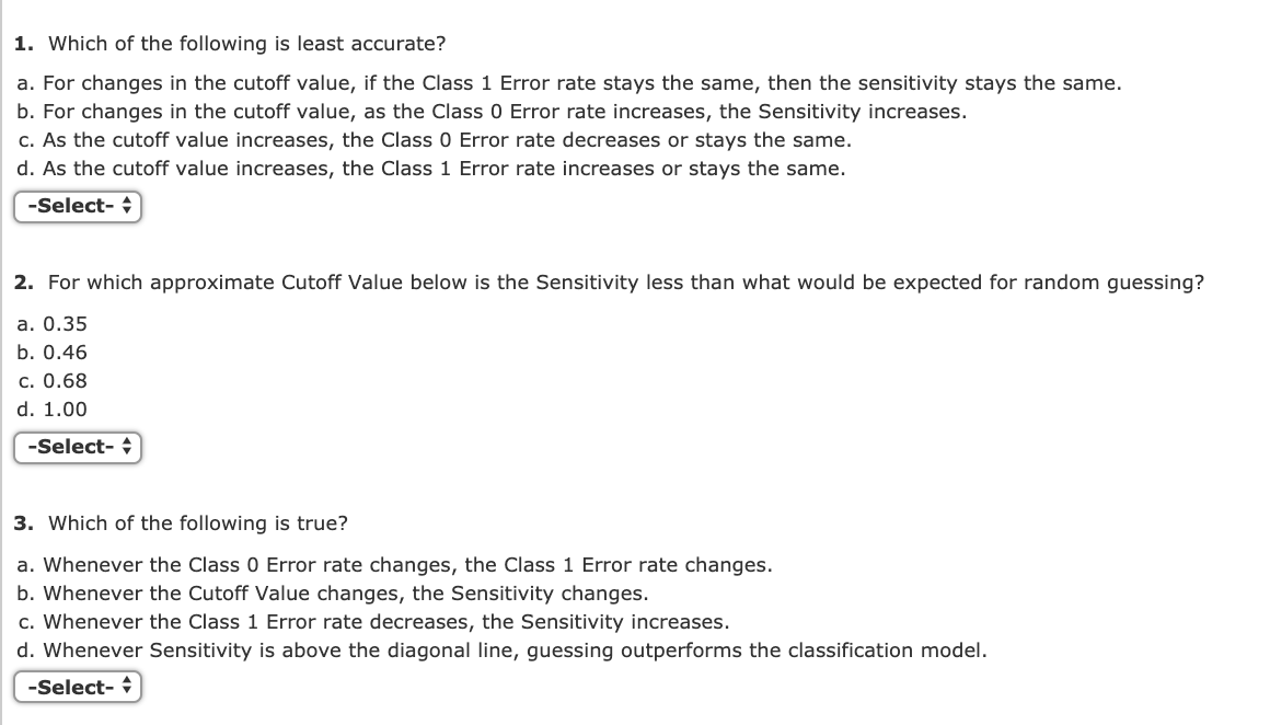 1. Which of the following is least accurate?
a. For changes in the cutoff value, if the Class 1 Error rate stays the same, then the sensitivity stays the same.
b. For changes in the cutoff value, as the Class 0 Error rate increases, the Sensitivity increases.
c. As the cutoff value increases, the Class 0 Error rate decreases or stays the same.
d. As the cutoff value increases, the Class 1 Error rate increases or stays the same.
-Select- +
2. For which approximate Cutoff Value below is the Sensitivity less than what would be expected for random guessing?
a. 0.35
b. 0.46
c. 0.68
d. 1.00
-Select- +
3. Which of the following is true?
a. Whenever the Class 0 Error rate changes, the Class 1 Error rate changes.
b. Whenever the Cutoff Value changes, the Sensitivity changes.
c. Whenever the Class 1 Error rate decreases, the Sensitivity increases.
d. Whenever Sensitivity is above the diagonal line, guessing outperforms the classification model.
-Select- +