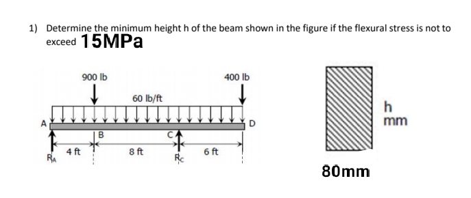 1) Determine the minimum height h of the beam shown in the figure if the flexural stress is not to
exceed 15MPa
900 lb
400 lb
h
mm
B
RA
4 ft
60 lb/ft
8 ft
6 ft
D
80mm