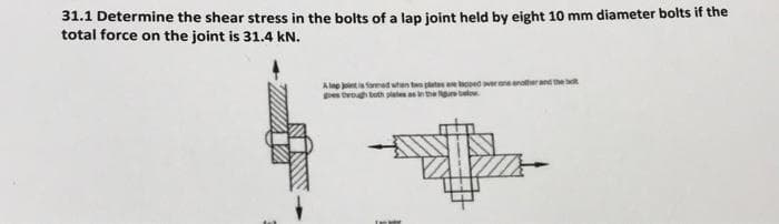 31.1 Determine the shear stress in the bolts of a lap joint held by eight 10 mm diameter bolts if the
total force on the joint is 31.4 kN.
A lap joint is formed when two pletes are tooed over
goes through both plates as in the figure below
