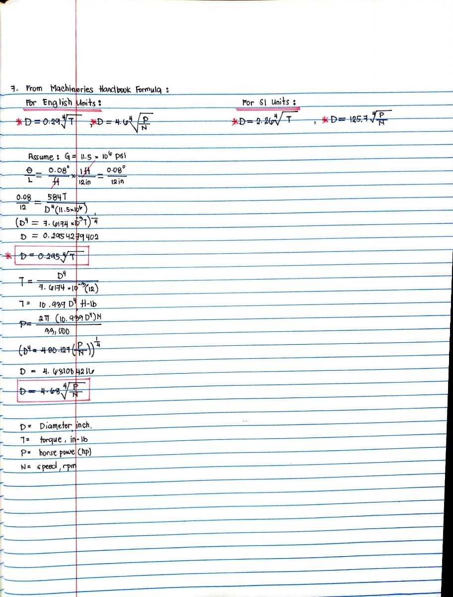 3. From Machineries Hand book Formula :
For English Units :
Por SI Units :
*D=0-29 *D=4
*D= 125,77
Assume : G= 1.5 - 10 p6i
0.08°
| Ift
0-08°
12in
12 in
0.08
584T
12
(D' = 3. 6174 xIb
D = 0.295 429402
3. Q174 10(12)
1: 10.939 D H-lb
21 (10. 999 D')N
のら」UDO
D = 4. V810D 42 IL
D=468.
D= Diameter inch.
torque , in-1b
p. horse powe Chp)
Ne s peed, rpm
