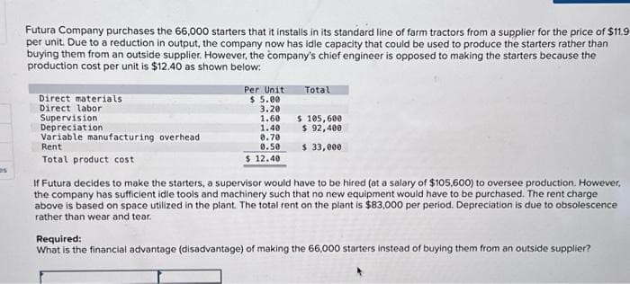 es
Futura Company purchases the 66,000 starters that it installs in its standard line of farm tractors from a supplier for the price of $11.9
per unit. Due to a reduction in output, the company now has idle capacity that could be used to produce the starters rather than
buying them from an outside supplier. However, the company's chief engineer is opposed to making the starters because the
production cost per unit is $12.40 as shown below:
Direct materials
Direct labor
Supervision
Depreciation
Variable manufacturing overhead
Rent
Total product cost
Per Unit
$ 5.00
3.20
1.60
1.40
0.70
0.50
$ 12.40
Total
$ 105,600
$ 92,400
$ 33,000
If Futura decides to make the starters, a supervisor would have to be hired (at a salary of $105,600) to oversee production. However,
the company has sufficient idle tools and machinery such that no new equipment would have to be purchased. The rent charge
above is based on space utilized in the plant. The total rent on the plant is $83,000 per period. Depreciation is due to obsolescence
rather than wear and tear.
Required:
What is the financial advantage (disadvantage) of making the 66,000 starters instead of buying them from an outside supplier?