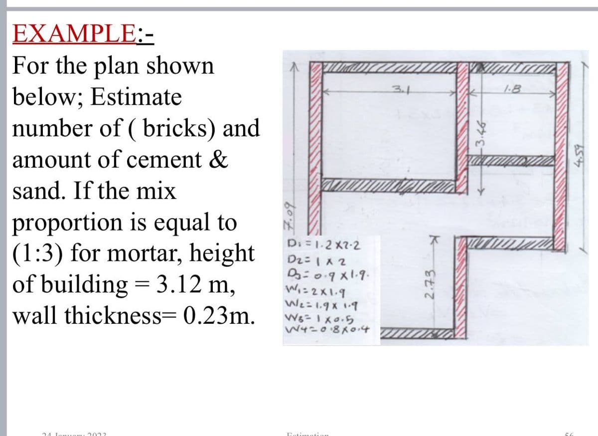 EXAMPLE:-
For the plan shown
below; Estimate
number of (bricks) and
amount of cement &
sand. If the mix
proportion is equal to
(1:3) for mortar, height
of building = 3.12 m,
wall thickness=0.23m.
24. Januar 2022
D₁ = 1.2 X2-2
D2=1x2
B₂=0.9x1.9.
W₁=2x1.9
W₂=1.9 x 1.9
VYB=1X0.5
W4=0.8x0.4
Entimation
3.4
2.73
1.8
6547
