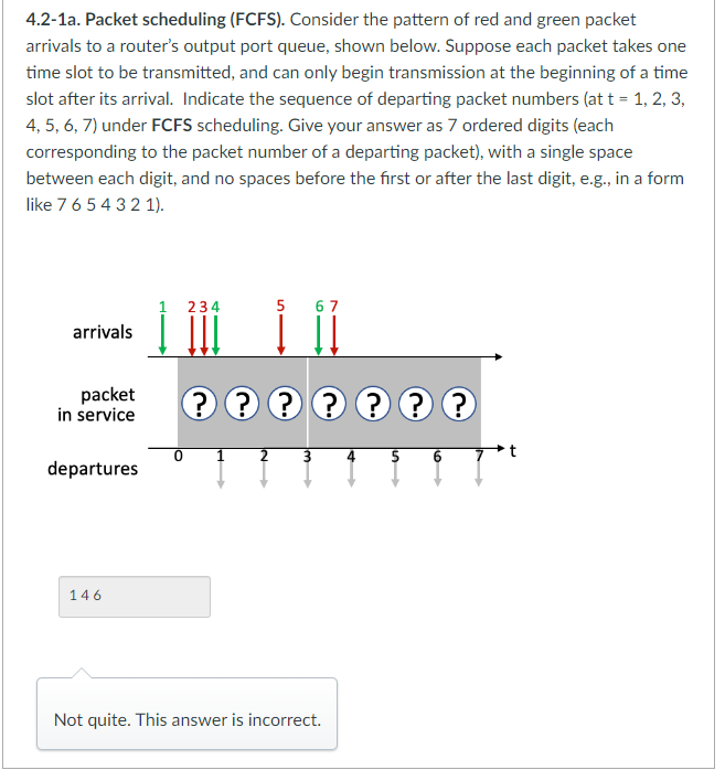 4.2-1a. Packet scheduling (FCFS). Consider the pattern of red and green packet
arrivals to a router's output port queue, shown below. Suppose each packet takes one
time slot to be transmitted, and can only begin transmission at the beginning of a time
slot after its arrival. Indicate the sequence of departing packet numbers (at t = 1, 2, 3,
4, 5, 6, 7) under FCFS scheduling. Give your answer as 7 ordered digits (each
corresponding to the packet number of a departing packet), with a single space
between each digit, and no spaces before the first or after the last digit, e.g., in a form
like 7 6 5 4 3 2 1).
arrivals
packet
in service
departures
146
234
? ? ? ? ? ? ?
IN
5 67
1 2
3 4 5
→→→→→
Not quite. This answer is incorrect.
16