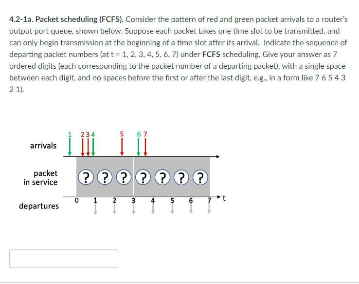 4.2-1a. Packet scheduling (FCFS). Consider the pattern of red and green packet arrivals to a router's
output port queue, shown below. Suppose each packet takes one time slot to be transmitted, and
can only begin transmission at the beginning of a time slot after its arrival. Indicate the sequence of
departing packet numbers (at t = 1, 2, 3, 4, 5, 6, 7) under FCFS scheduling. Give your answer as 7
ordered digits (each corresponding to the packet number of a departing packet), with a single space
between each digit, and no spaces before the first or after the last digit, e.g., in a form like 7 6 5 4 3
21).
arrivals
packet
in service
departures
0
234
?
5 67
?????
2
Im
3
Is
4 5
?
6
Ţ