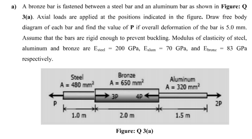 a) A bronze bar is fastened between a steel bar and an aluminum bar as shown in Figure: Q
3(a). Axial loads are applied at the positions indicated in the figure. Draw free body
diagram of each bar and find the value of P if overall deformation of the bar is 5.0 mm.
Assume that the bars are rigid enough to prevent buckling. Modulus of elasticity of steel,
aluminum and bronze are Esteel = 200 GPa, Ealum = 70 GPa, and Ebronz = 83 GPa
respectively.
Steel
A = 480 mm?
Bronze
A = 650 mm?
Aluminum
%3D
A = 320 mm?
3P
4P
2P
1.0 m
2.0 m
1.5 m
Figure: Q 3(a)
