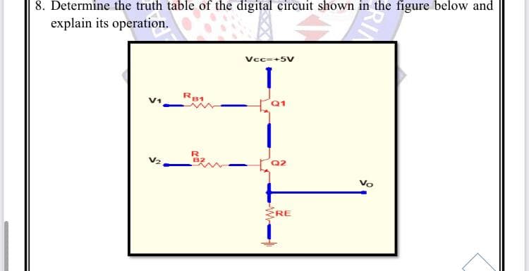 8. Determine the truth table of the digital circuit shown in the figure below and
explain its operation.
Vcc=+5V
R81
V1
Vo
RE
