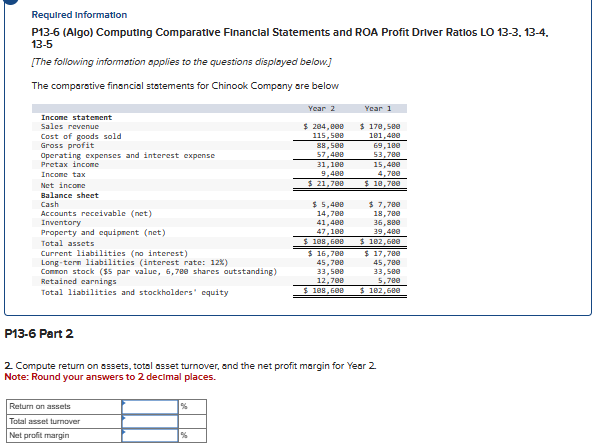 Required Information
P13-6 (Algo) Computing Comparative Financial Statements and ROA Profit Driver Ratios LO 13-3, 13-4.
13-5
[The following information applies to the questions displayed below.]
The comparative financial statements for Chinook Company are below
Income statement
Sales revenue
Cost of goods sold
Gross profit
Operating expenses and interest expense
Pretax income
Income tax
Net income
Balance sheet
Cash
Accounts receivable (net)
Inventory
Property and equipment (net)
Total assets
Current liabilities (no interest)
Long-term liabilities (interest rate: 12%)
Common stock ($5 par value, 6,780 shares outstanding)
Retained earnings
Total liabilities and stockholders' equity
Year 2
Year 1
$ 284,000
115,500
$ 170,500
101,400
88,500
69,100
57,408
53,700
31,100
15,400
9,400
$ 21,700
$ 5,400
14,700
41,400
47,100
$108,600
$ 16,700
45,700
33,500
4,700
$ 18,780
$ 7,700
18,700
36,800
39,400
$ 102,600
$ 17,700
12,700
45,780
33,500
5,700
$ 108,600
$ 102,680
P13-6 Part 2
2. Compute return on assets, total asset turnover, and the net profit margin for Year 2
Note: Round your answers to 2 decimal places.
Return on assets
Total asset turnover
Net profit margin
%
%