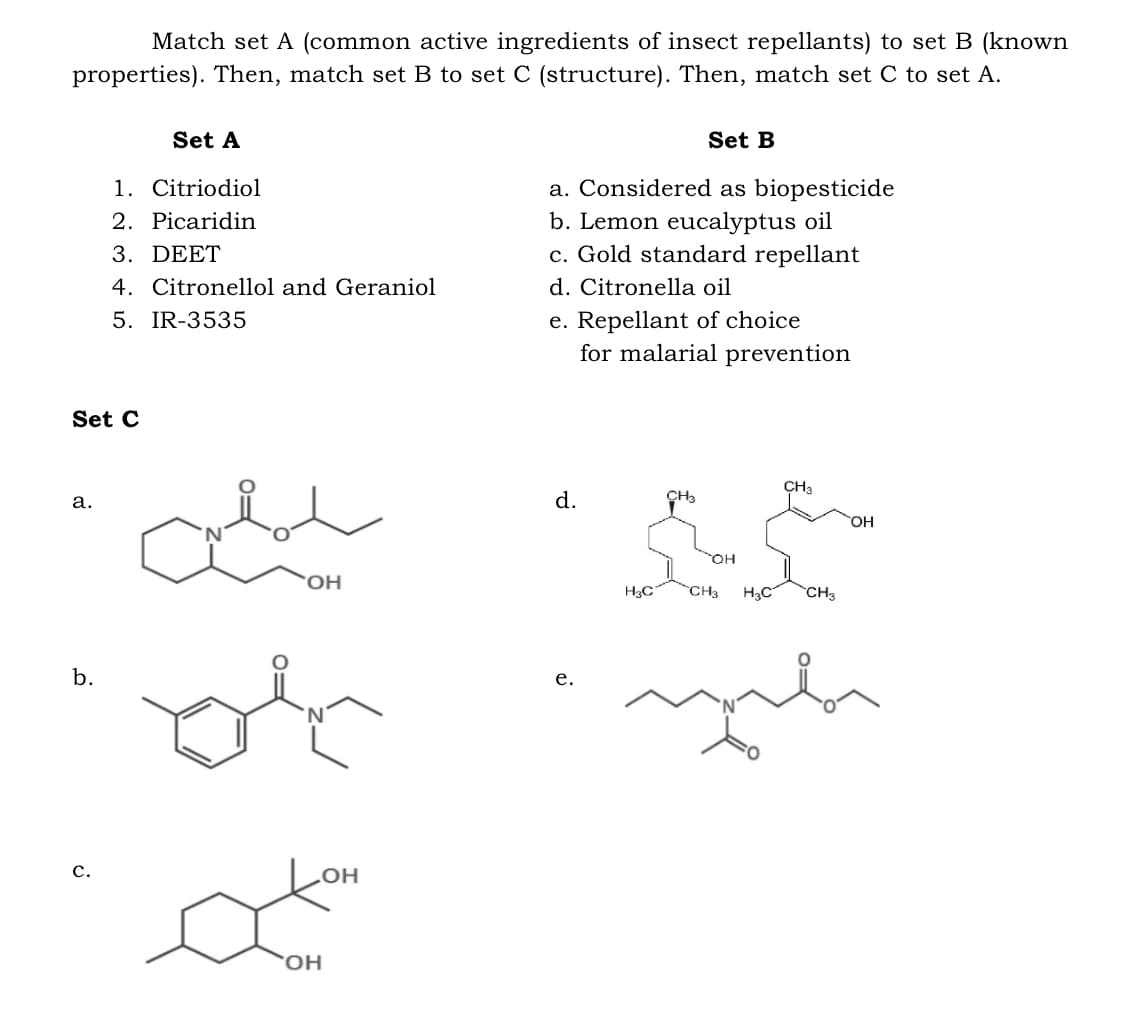 Match set A (common active ingredients of insect repellants) to set B (known
properties). Then, match set B to set C (structure). Then, match set C to set A.
Set A
Set B
1. Citriodiol
a. Considered as biopesticide
b. Lemon eucalyptus oil
c. Gold standard repellant
2. Picaridin
3. DEET
4. Citronellol and Geraniol
5. IR-3535
d. Citronella oil
e. Repellant of choice
for malarial prevention
Set C
CH3
а.
d.
CH3
HO
OH
H3C
CH3
H3C
CH3
b.
е.
с.
OH
OH
