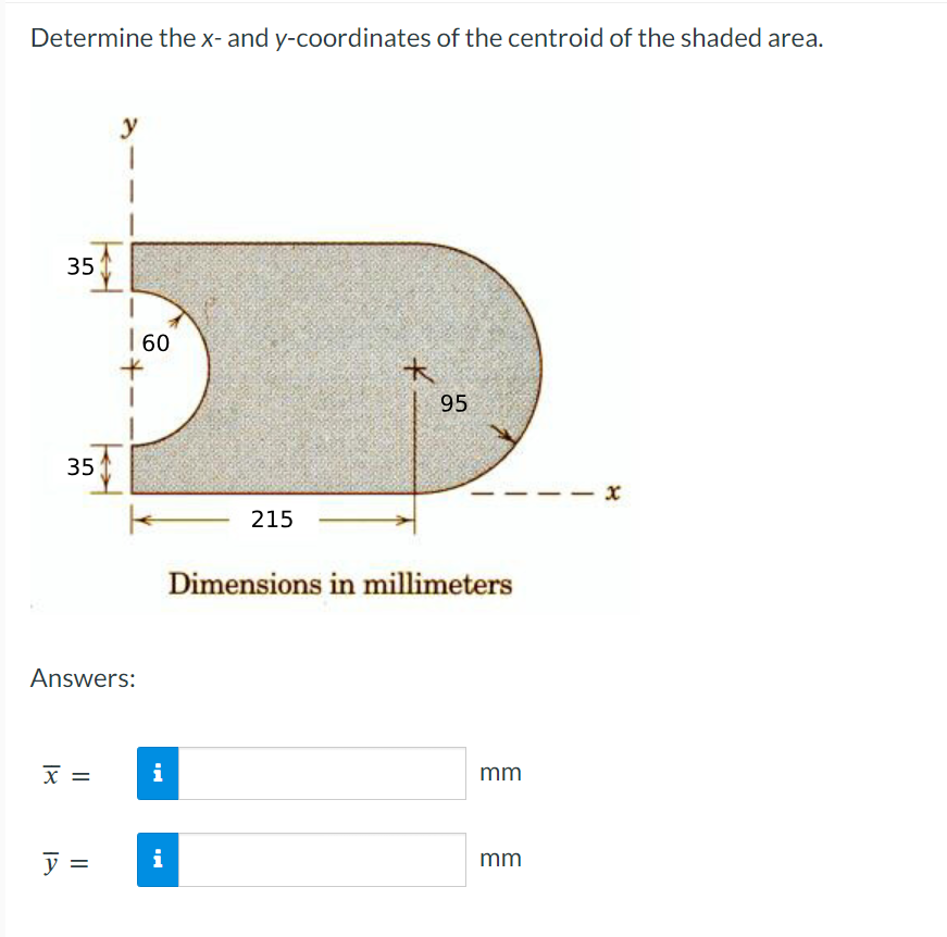 Determine the x- and y-coordinates of the centroid of the shaded area.
35
35
y
x =
Answers:
y
||
| 60
i
i
215
*
95
Dimensions in millimeters
mm
mm