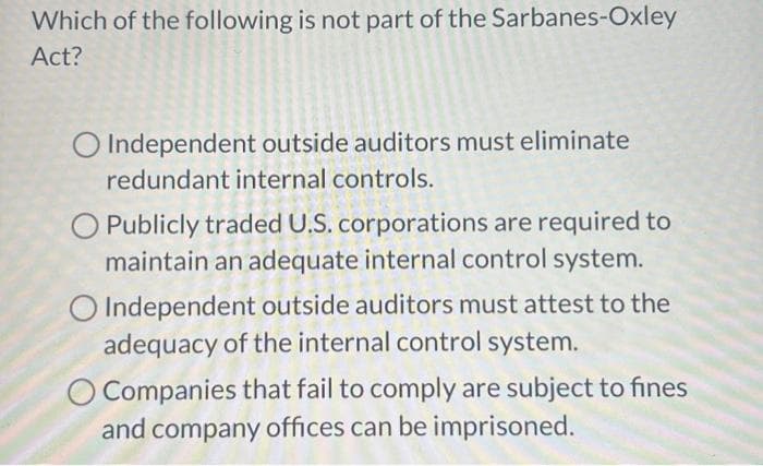 Which of the following is not part of the Sarbanes-Oxley
Act?
O Independent outside auditors must eliminate
redundant internal controls.
O Publicly traded U.S. corporations are required to
maintain an adequate internal control system.
O Independent outside auditors must attest to the
adequacy of the internal control system.
O Companies that fail to comply are subject to fines
and company offices can be imprisoned.