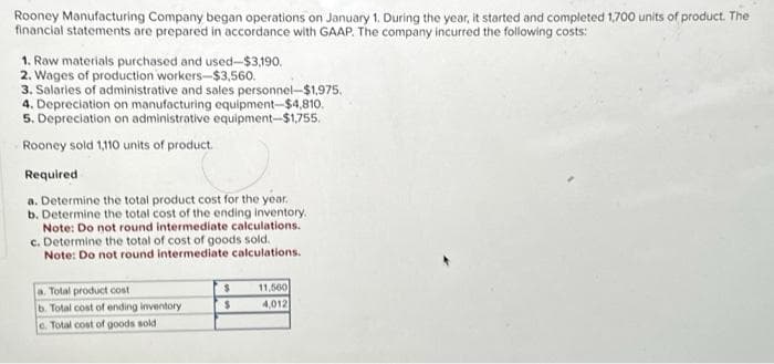 Rooney Manufacturing Company began operations on January 1. During the year, it started and completed 1,700 units of product. The
financial statements are prepared in accordance with GAAP. The company incurred the following costs:
1. Raw materials purchased and used-$3,190.
2. Wages of production workers-$3,560.
3. Salaries of administrative and sales personnel-$1,975,
4. Depreciation on manufacturing equipment-$4,810.
5. Depreciation on administrative equipment-$1,755.
Rooney sold 1,110 units of product.
Required
a. Determine the total product cost for the year.
b. Determine the total cost of the ending inventory.
Note: Do not round intermediate calculations.
c. Determine the total of cost of goods sold..
Note: Do not round intermediate calculations.
a. Total product cost
b. Total cost of ending inventory
e. Total cost of goods sold
$
$
11,560
4,012