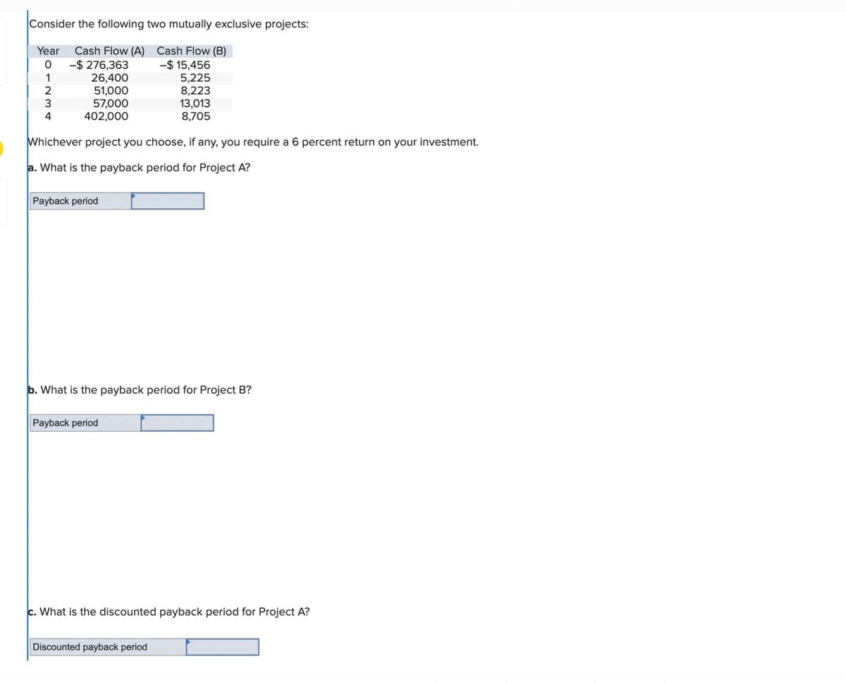Consider the following two mutually exclusive projects:
Year Cash Flow (A) Cash Flow (B)
-$ 15,456
5,225
8,223
13,013
8,705
0
1
234
-$ 276,363
26,400
51,000
57,000
402,000
Whichever project you choose, if any, you require a 6 percent return on your investment.
a. What is the payback period for Project A?
Payback period
b. What is the payback period for Project B?
Payback period
c. What is the discounted payback period for Project A?
Discounted payback period